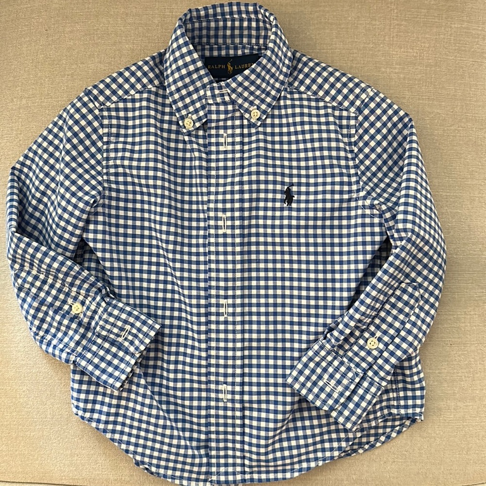 2T Boys Button Down Blue/White Gingham Shirt